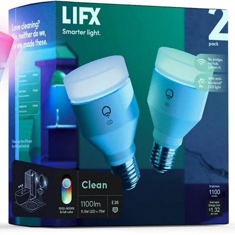 LIFX Clean, A19 1100 lumens, Full Color with Antibacterial HEV, Wi-Fi Smart LED